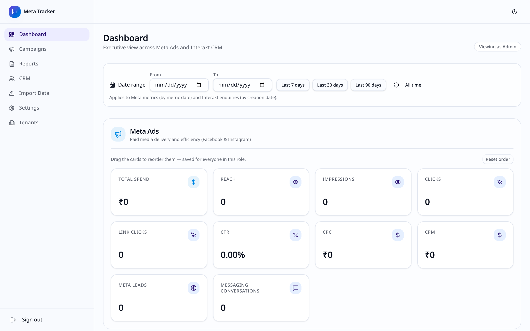 MarklyticsAI dashboard showing Meta Ads spend, reach, clicks and CTR KPI cards